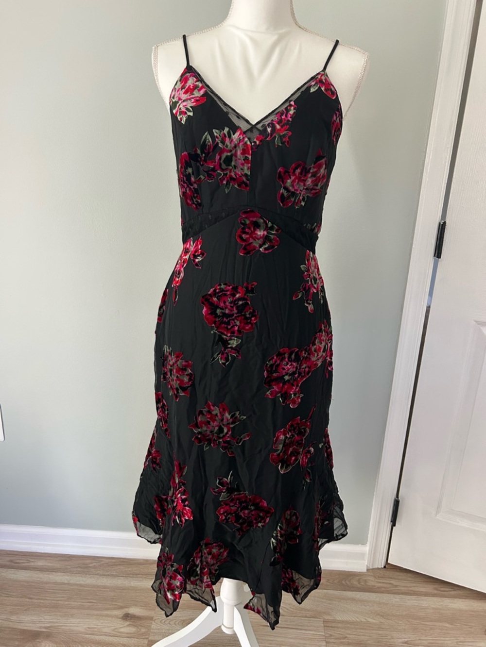 Harlyn Black Midi Dress Pink and Red Floral Print